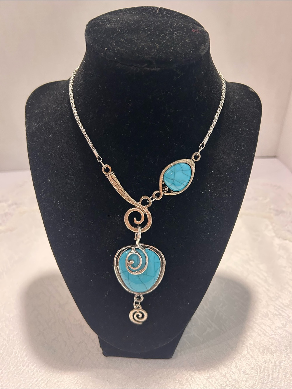 Vintage boho Silver Tone Faux turquoise Asymmetrical Heart And Swirl necklace